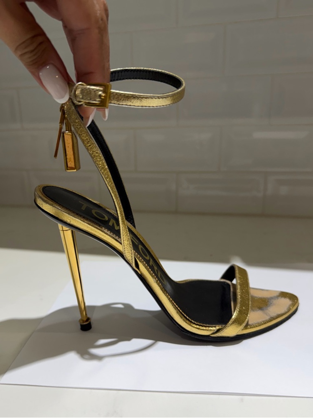 Tom Ford Metallic Gold Ankle-Strap Stiletto Sandal 38.5 GOLD